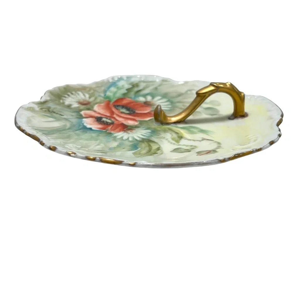 1960s HAND PAINTED FLORAL DESIGN PORCELAIN NAPPY GOLD HANDLED SERVING DISH